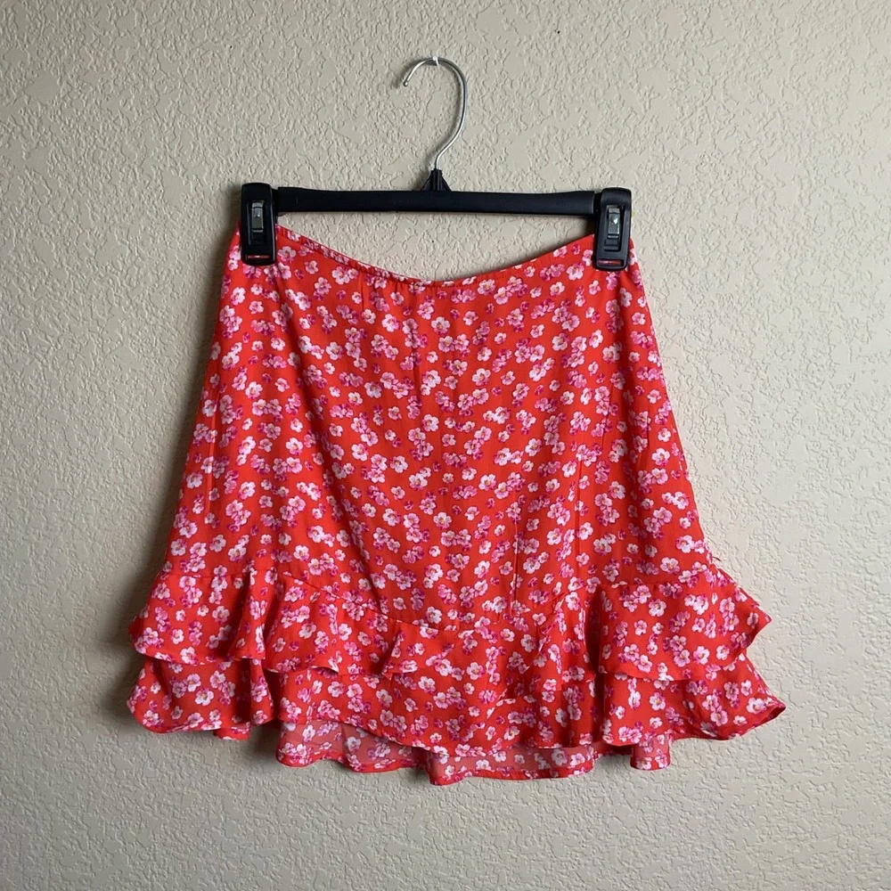 Blue Rain Womens‎ XS Orange Floral Mini Skirt Boho Zip Back Ruffles